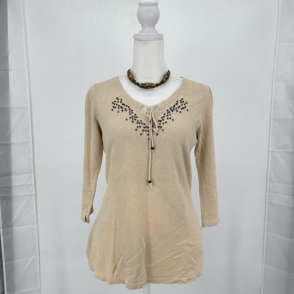 Style & Co Linen Cotton Knit Tunic Top S Beaded Tie Neck‎ Neutral Boho Earthy